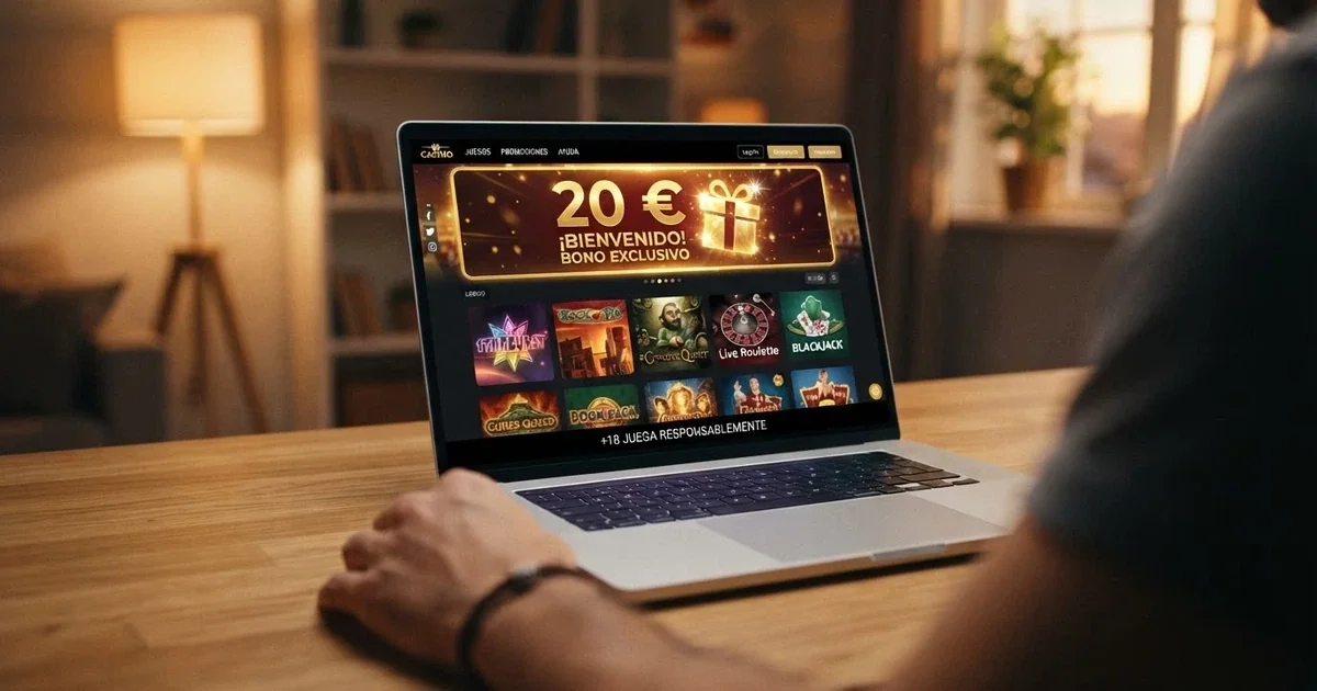 Pantalla de inicio de un casino online español con el banner promocional de bono sin depósito de 20 euros destacado en la parte superior