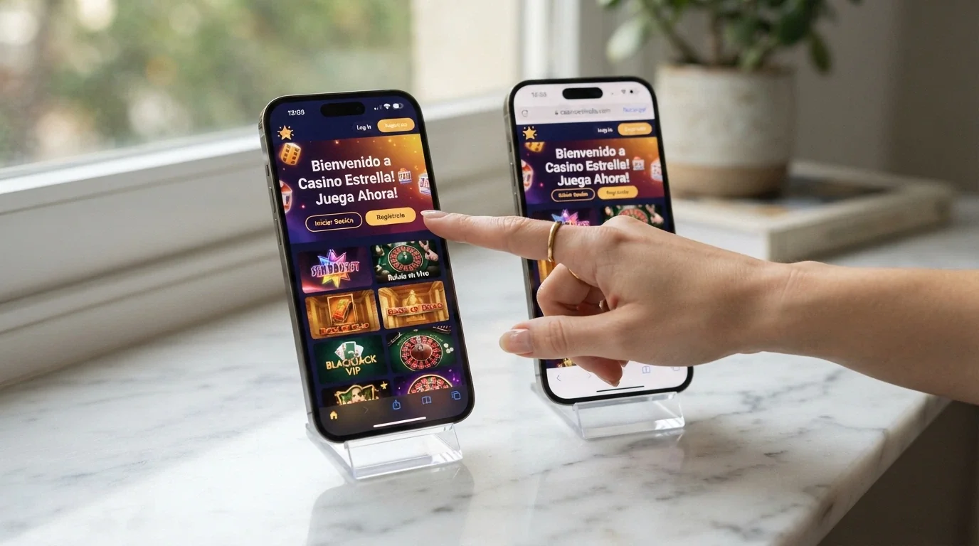 Dos teléfonos uno al lado del otro: el de la izquierda con una app nativa de casino abierta, el de la derecha con un navegador mostrando una web-app de casino