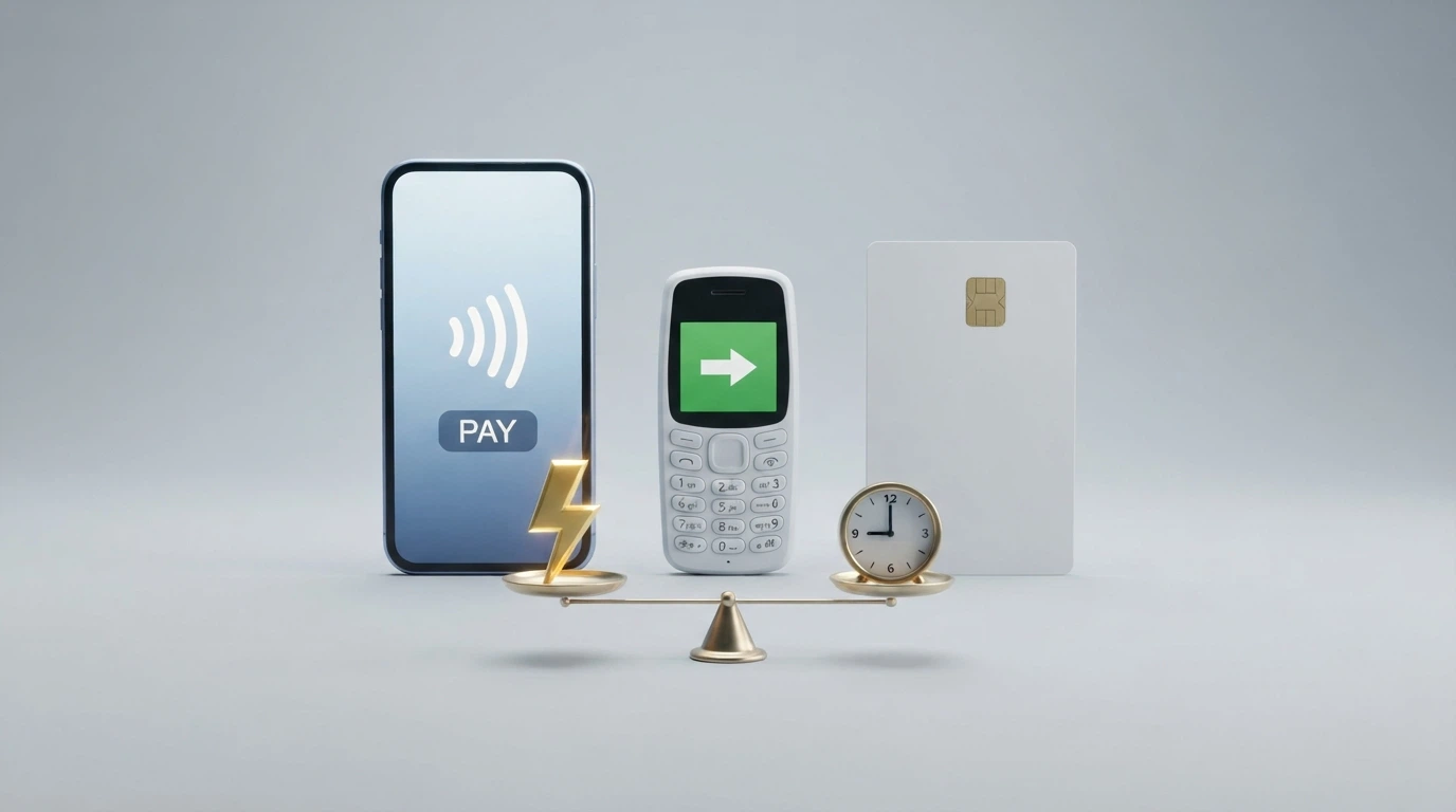 Tres iconos de métodos de pago (Apple Pay, Bizum y tarjeta bancaria) alineados con una balanza que pesa velocidad y disponibilidad de retirada