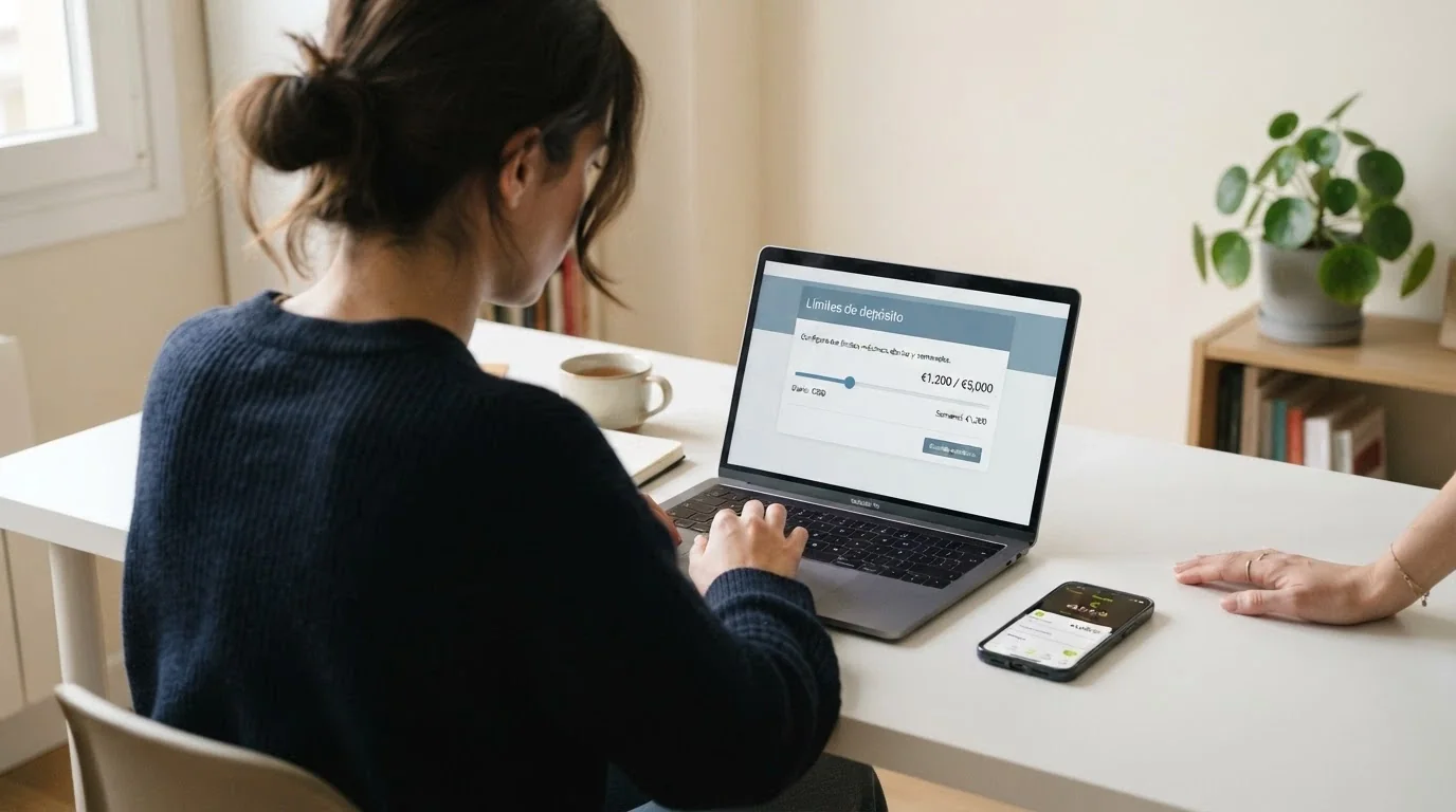 Manos tecleando en un portátil con la web de ordenacionjuego.es abierta en la sección de límites de depósito, junto a un móvil con la app de CaixaBank