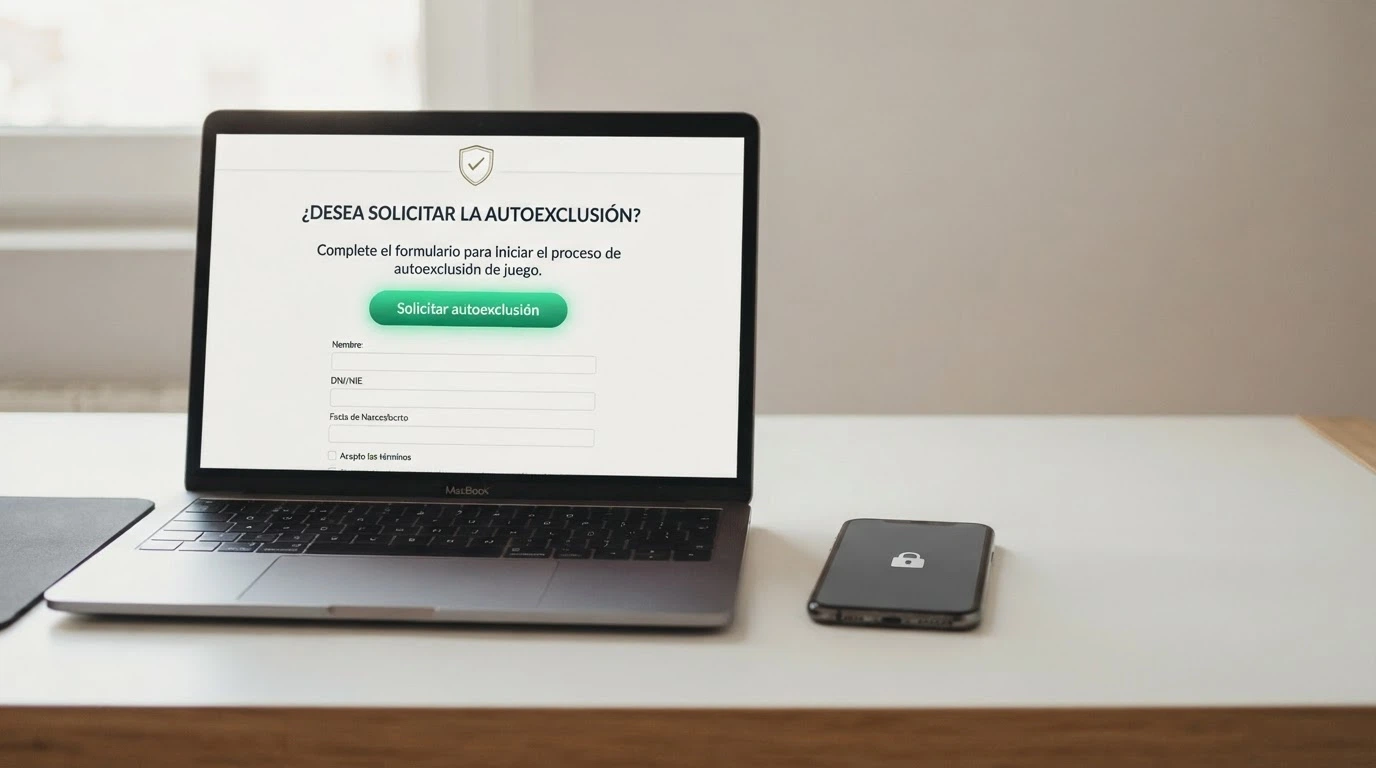 Un formulario digital en pantalla de ordenador con el escudo de la DGOJ y un botón grande de «Solicitar autoexclusión», junto a un teléfono móvil con un candado