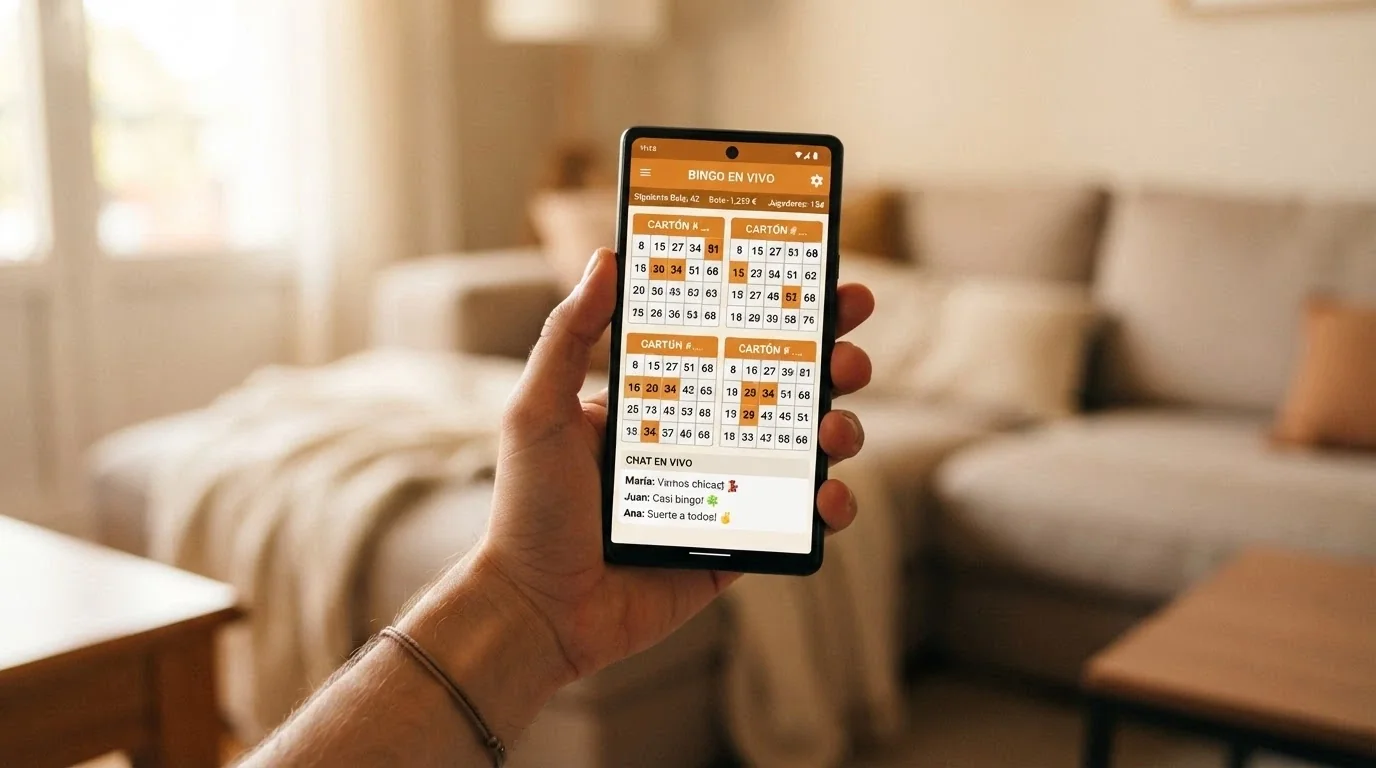 Un móvil mostrando una app de bingo con cartones abiertos y un chat de sala activo en segundo plano