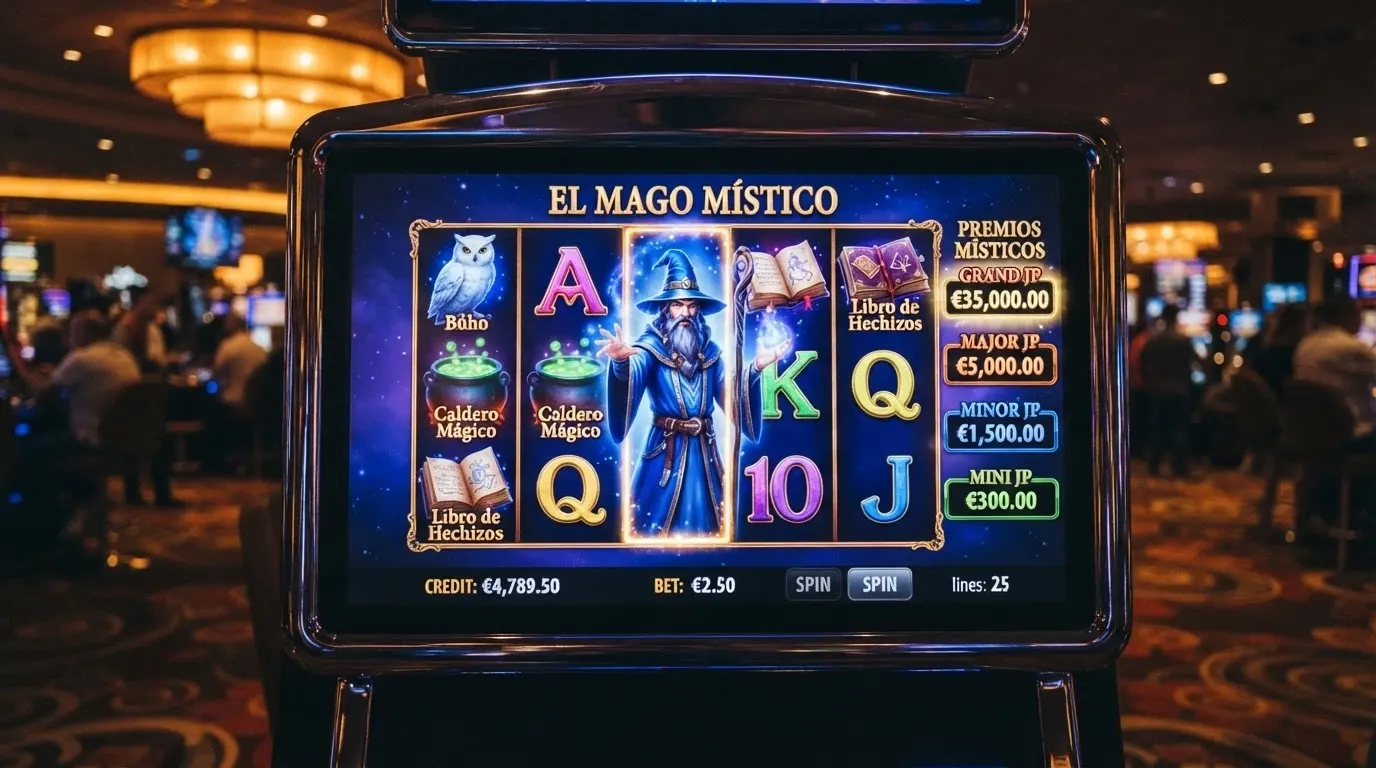 Captura de pantalla de la tragaperras Blue Wizard con su estética de mago azul, los carretes visibles y el marcador de jackpot Fire Blaze lateral.