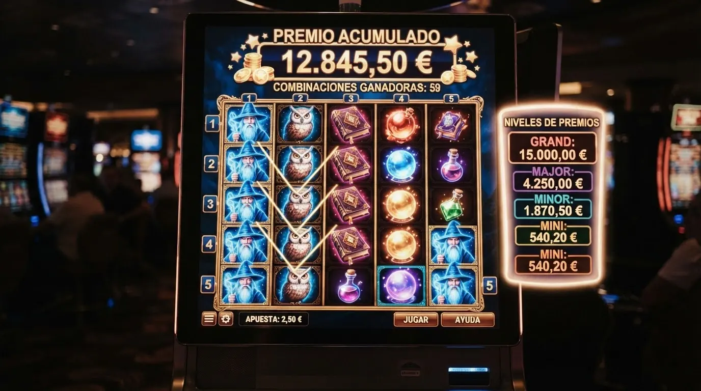 Interfaz de Blue Wizard Megaways mostrando el layout 5x5 y el contador dinámico de Megaways activo con miles de formas de ganar.