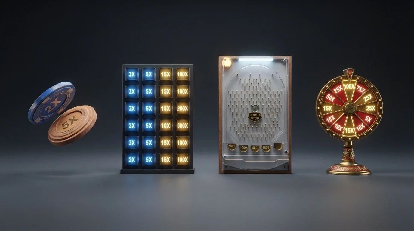 Cuatro pantallas flotantes mostrando cada uno de los bonus rounds: una moneda girando, un muro de multiplicadores, un disco de Pachinko y una rueda gigante roja