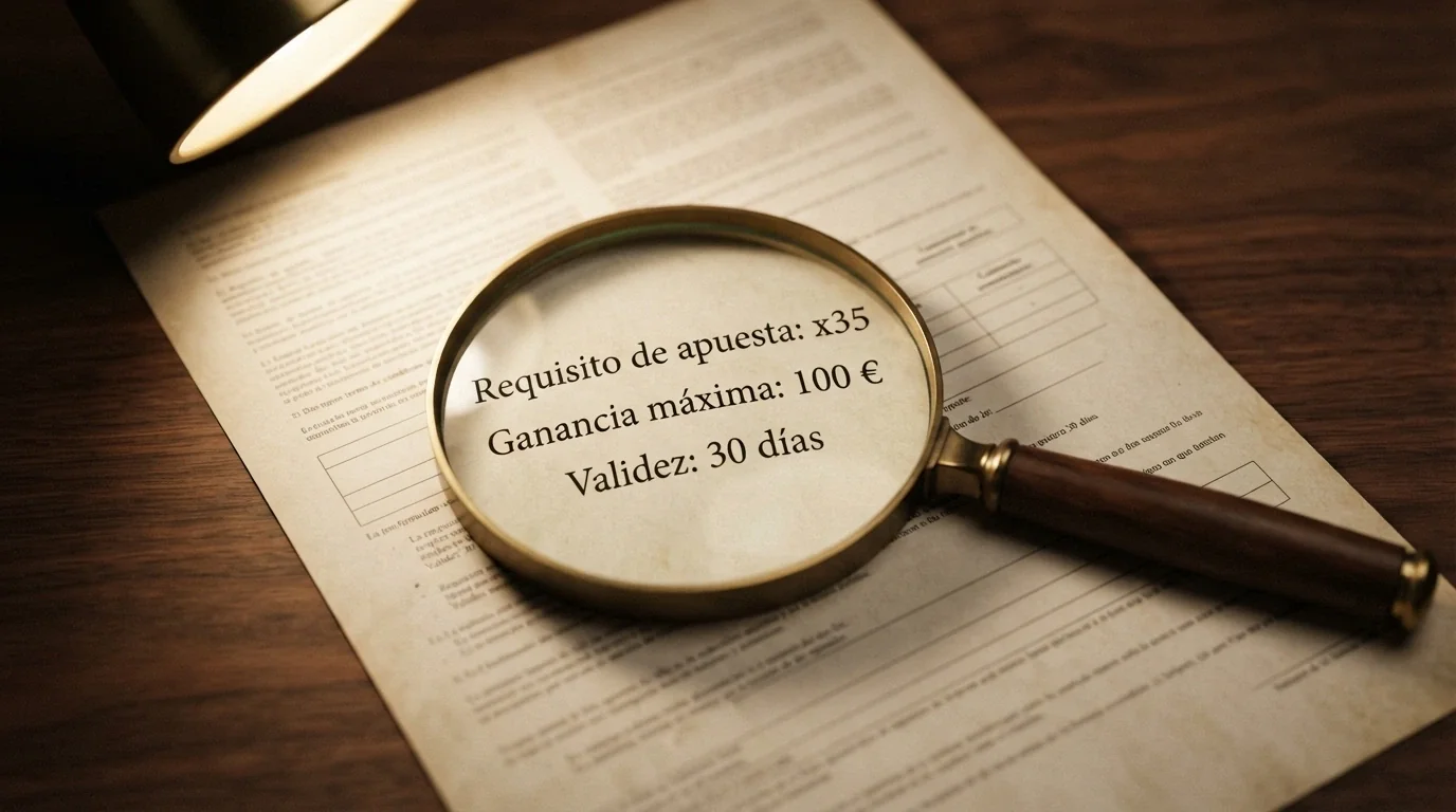 Una lupa sobre un documento de términos y condiciones donde se iluminan tres líneas: «Requisito de apuesta: x35», «Ganancia máxima: 100 €» y «Validez: 30 días».