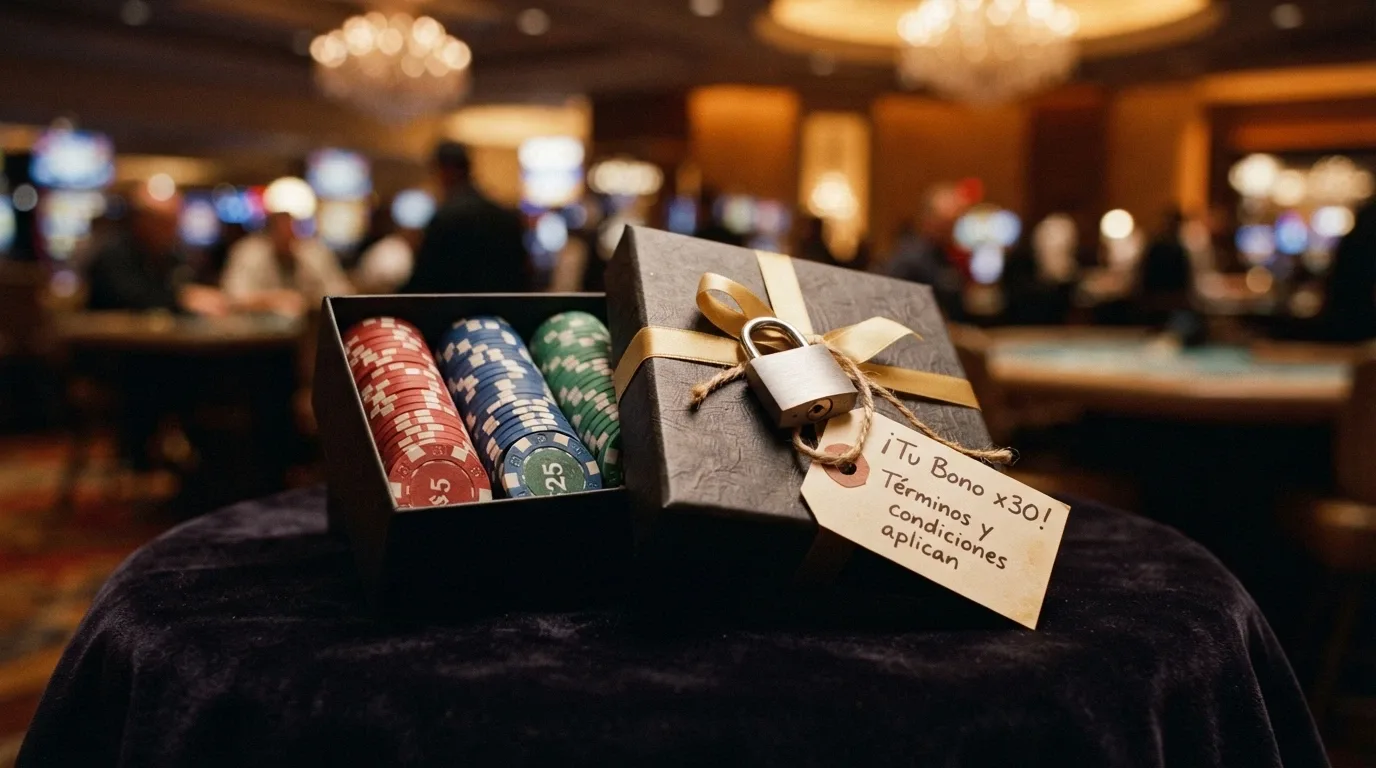 Representación visual de un bono de bienvenida de casino: un regalo con un candado y una etiqueta que indica «x30 rollover» junto a fichas de casino