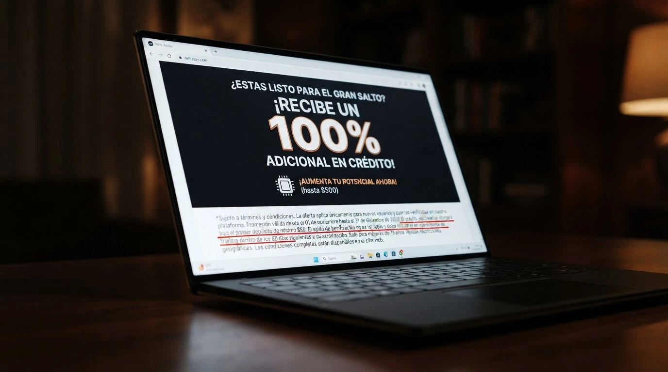 Primer plano de una pantalla con el banner de un bono de bienvenida del 100% hasta 1 BTC, con la letra pequeña del requisito de apuesta subrayada en rojo
