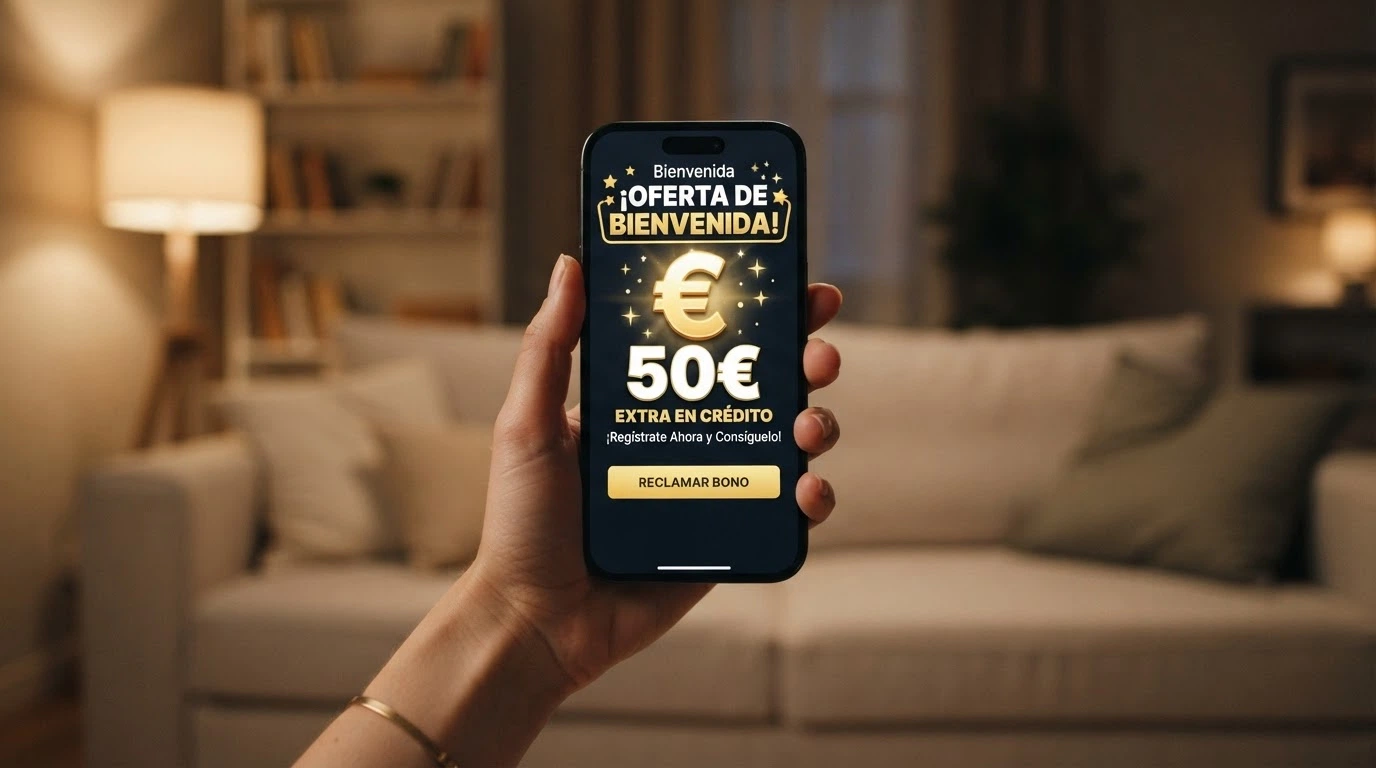 Mano sujetando un móvil con una pantalla de bienvenida de casino que muestra una oferta de bono