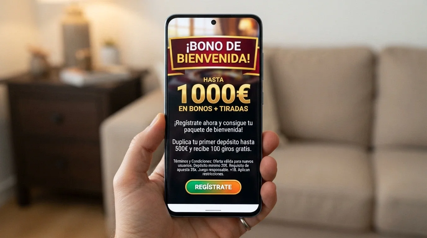 Primer plano de una pantalla de móvil con el banner de un bono de bienvenida de casino y la letra pequeña visible