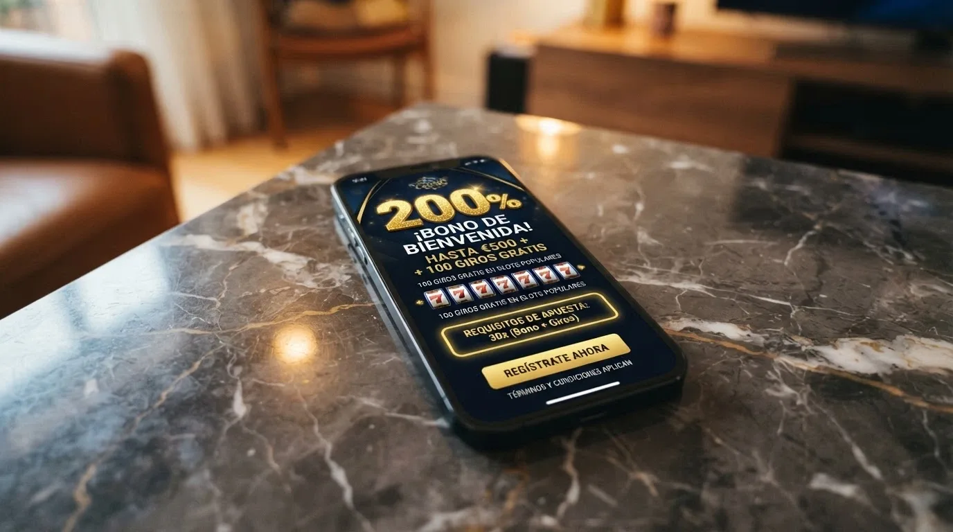 Pantalla de promociones de un casino online con cifras de bono de bienvenida, giros gratis y condiciones de wagering