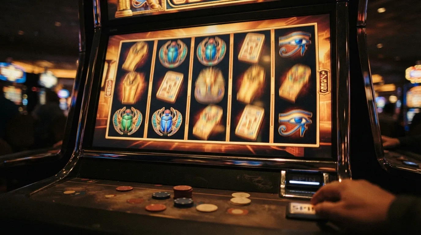 Pantalla del slot Book of Dead de Play'n GO durante un giro con los rodillos en movimiento