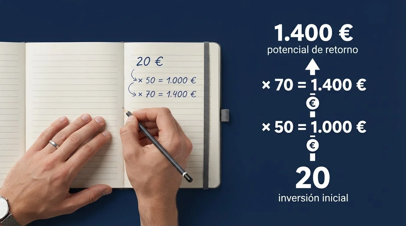 Infografía simplificada con una calculadora y billetes de euro que muestra la progresión de 20 € multiplicados por x50 y x70 hasta alcanzar cifras de cuatro dígitos