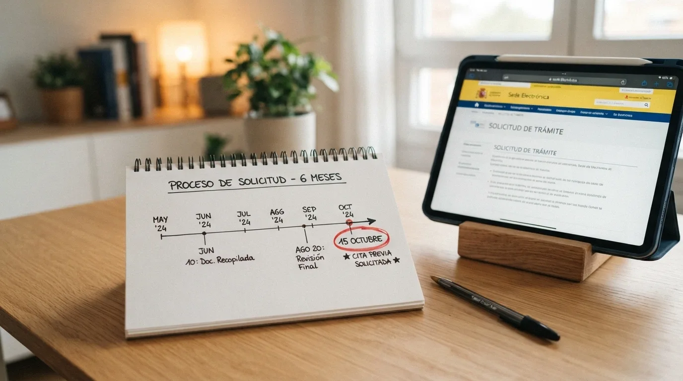Un calendario de pared con una fecha marcada seis meses después de la actual y, junto a él, una tableta con la sede electrónica de la DGOJ abierta en la pantalla