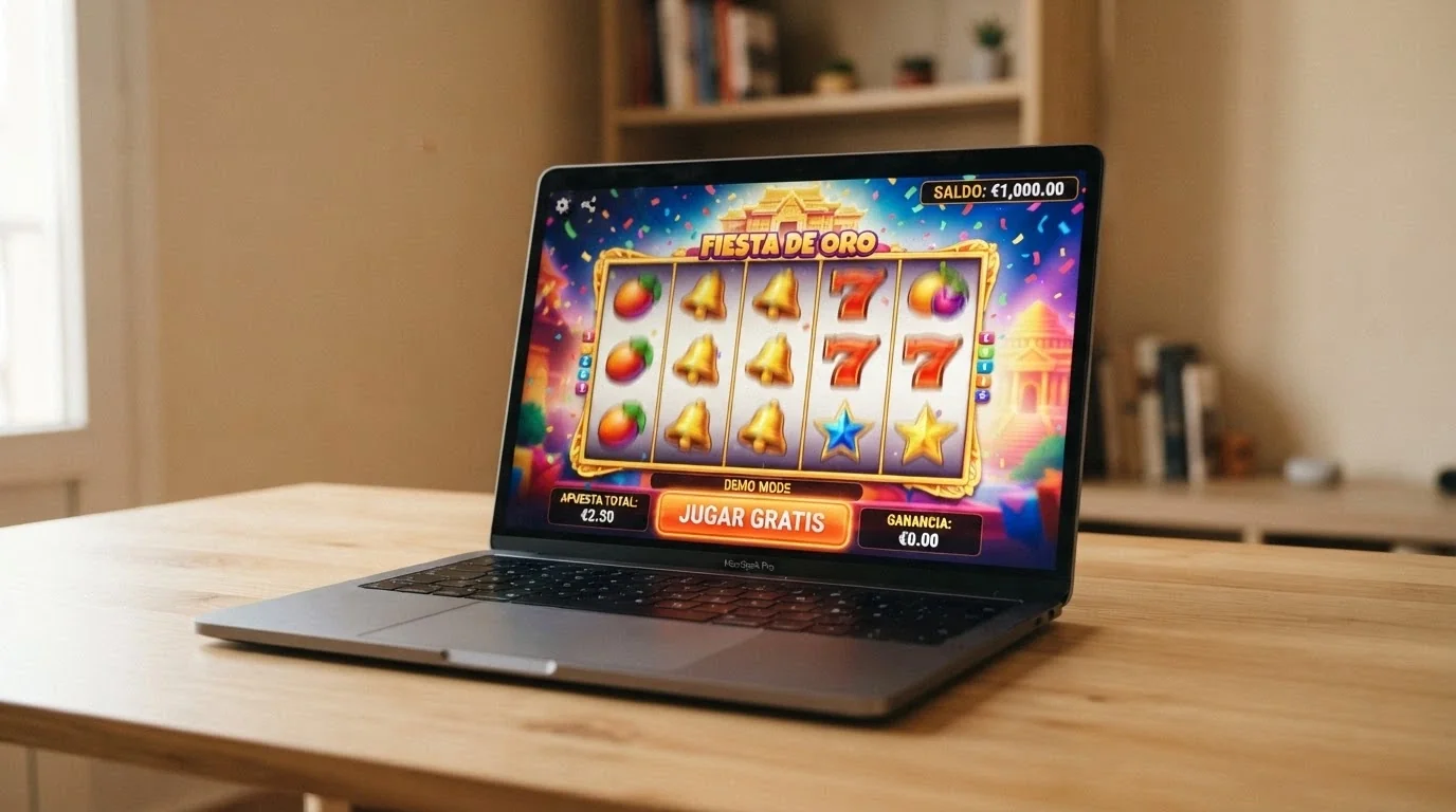 Interfaz de un slot online en modo demo con saldo ficticio de 1.000 € y el botón «jugar gratis» resaltado