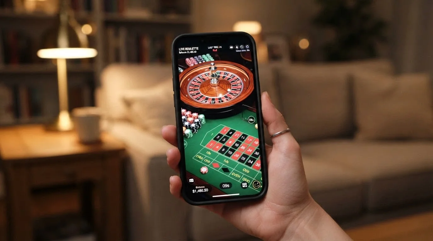 Partida de ruleta en vivo de Evolution Gaming en la pantalla de un teléfono móvil