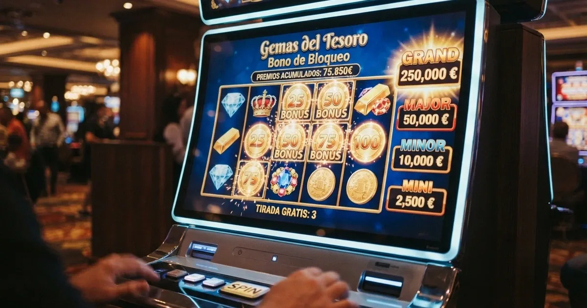 Una cuadrícula de bonificación de una tragaperras Fire Blaze con varios símbolos de jackpot fijos y el marcador de los cuatro niveles (Mini, Minor, Major, Grand) iluminado.