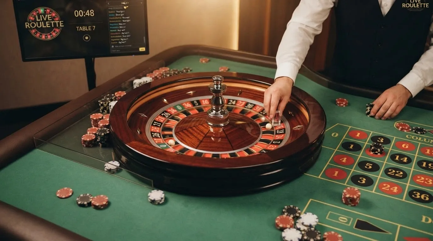 Mesa de ruleta con crupier real transmitida por streaming en un casino online que acepta BNB