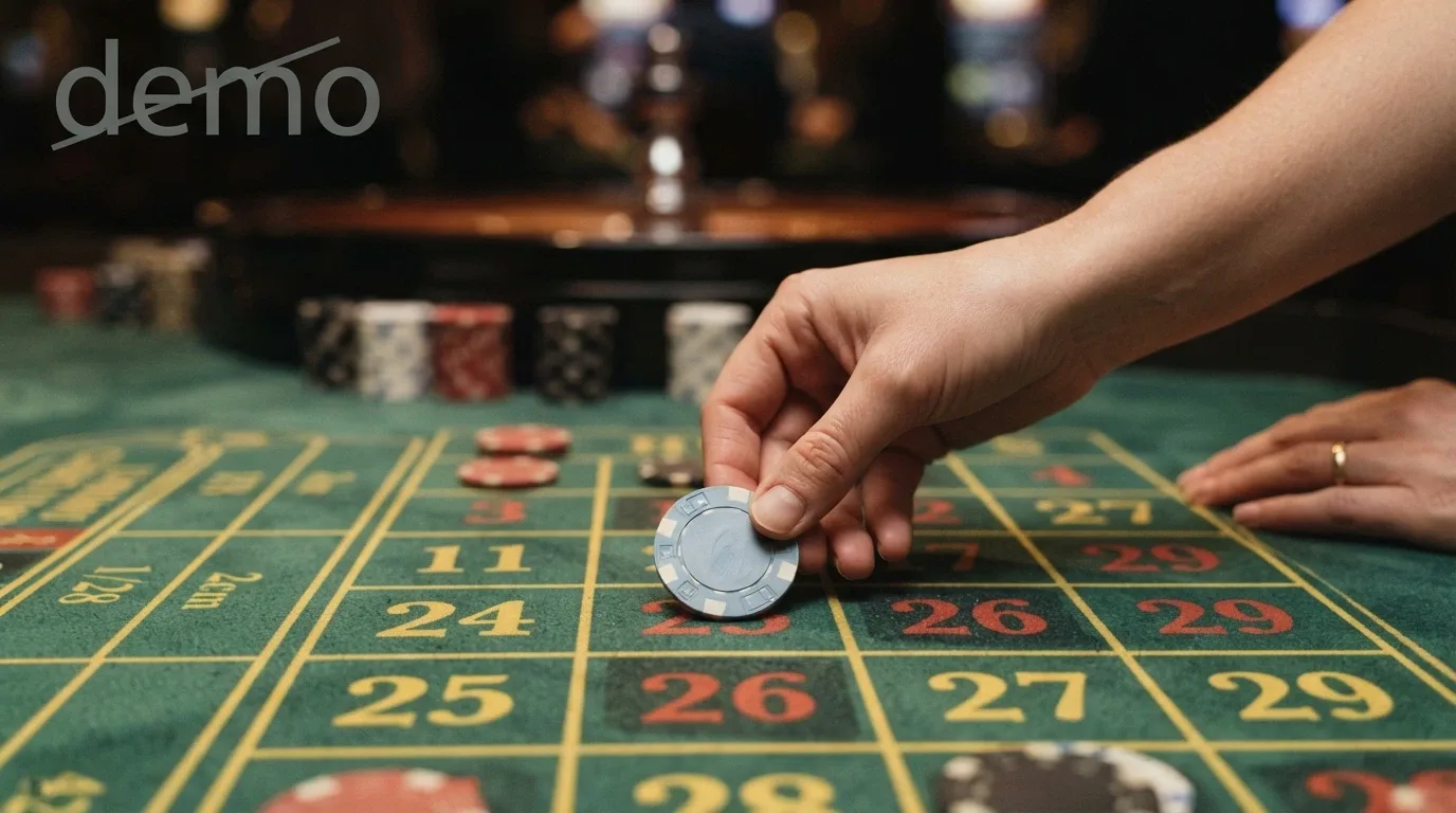 Primer plano de una mano colocando una ficha de €0,10 sobre el tapete de una ruleta en vivo, con la palabra «demo» tachada en la esquina