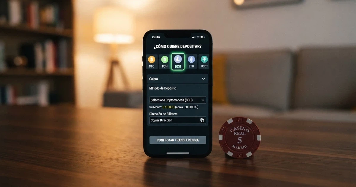 Pantalla de un casino online mostrando la opción de depósito con Bitcoin Cash junto a otras criptomonedas.