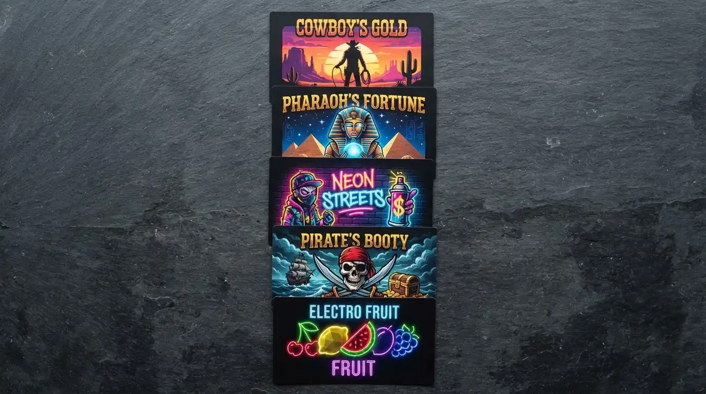 Columna de cinco slots de Hacksaw Gaming ordenados en mosaico con sus carátulas y nombres visibles
