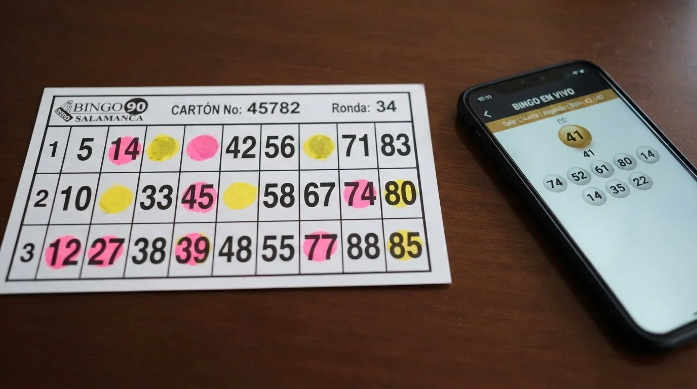 Un cartón de bingo de 90 bolas con varios números marcados y una interfaz de casino online mostrando la extracción automática