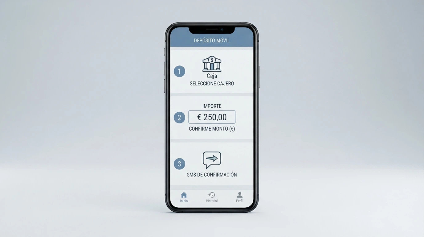 Infografía con los tres pasos del depósito por SMS: selección del método en el cajero del casino, introducción del importe, confirmación por mensaje de texto en el teléfono