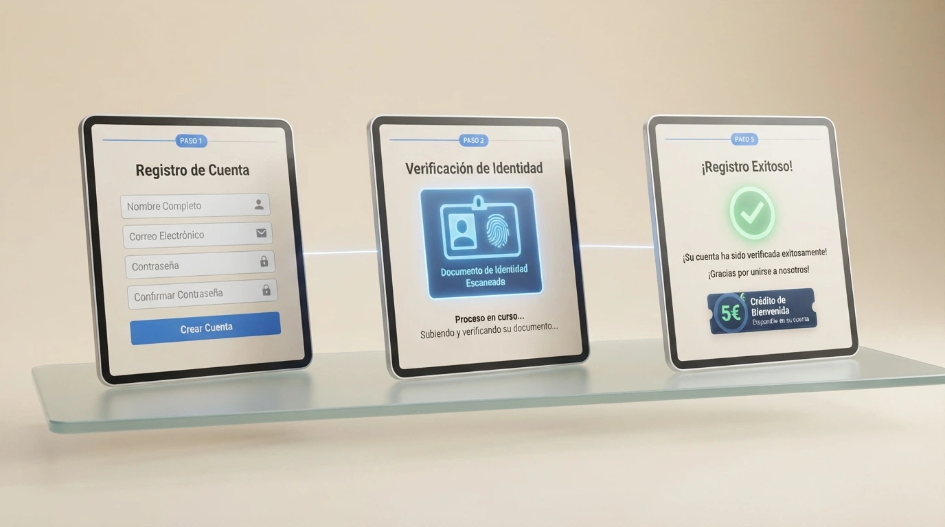 Secuencia de tres pasos ilustrados: formulario de registro, pantalla de verificación KYC y pantalla de activación del bono