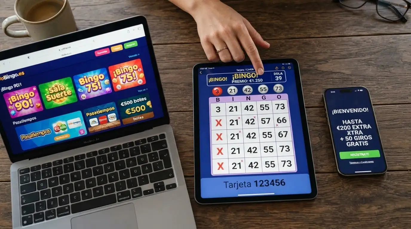 Varias pantallas de casinos online con bingo abiertas en distintos dispositivos, mostrando salas de bingo y bonos de bienvenida
