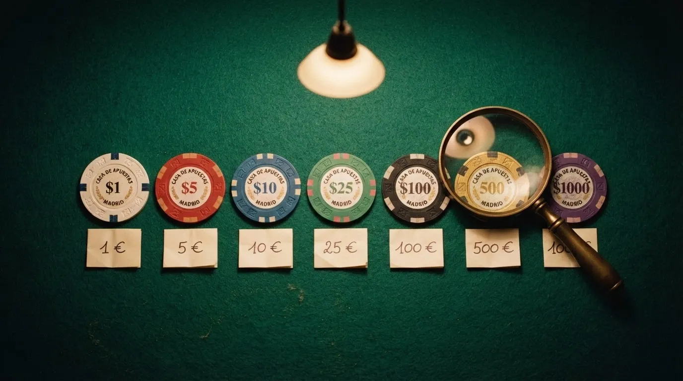 Interfaz de comparación con fichas de casino alineadas mostrando cantidad de giros, rollover y plazo, con una lupa sobre la columna de condiciones