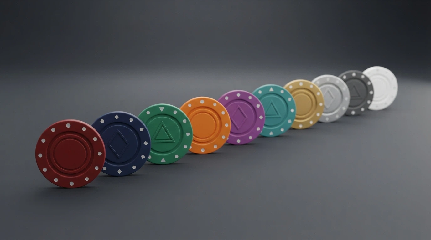 Vista cenital de una mesa con diez fichas de póker de distintos colores, cada una con el logo de una criptomoneda diferente, dispuestas en fila