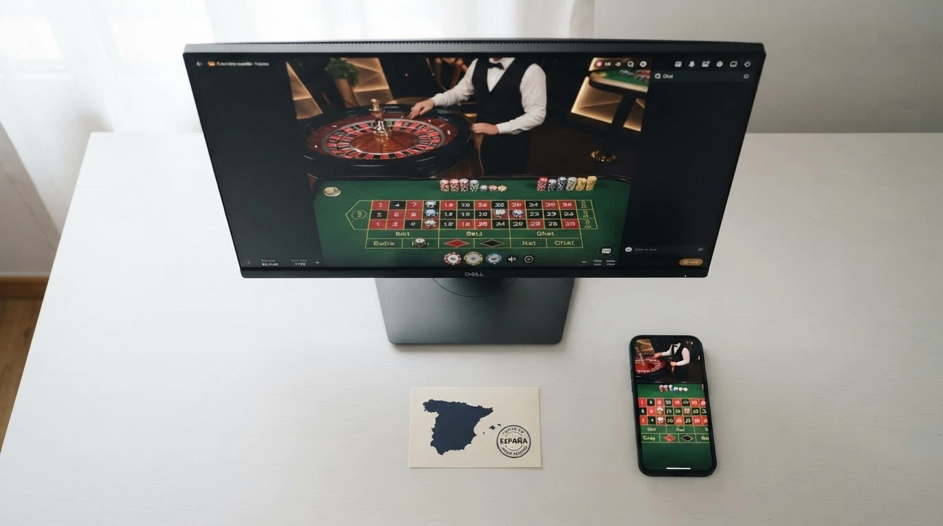 Interfaz de ordenador y móvil mostrando la misma mesa de ruleta en vivo con crupier, con un mapa de España y el sello DGOJ visibles