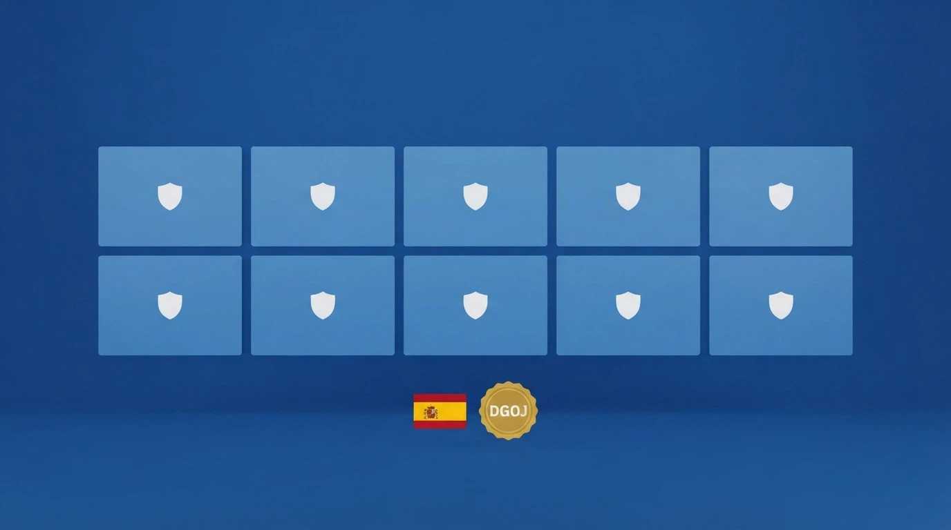 Mosaico con los logotipos de los diez operadores destacados ordenados sobre un fondo azul corporativo con la bandera de España y el sello DGOJ
