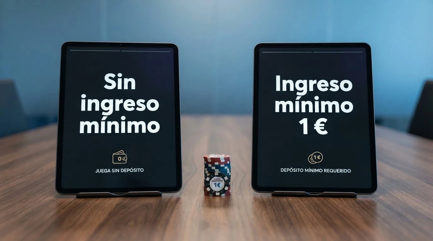 Dos paneles divididos: a la izquierda una pantalla con el mensaje «sin ingreso mínimo», a la derecha otra con «ingreso mínimo 1 euro», ambas sobre un fondo de casino online