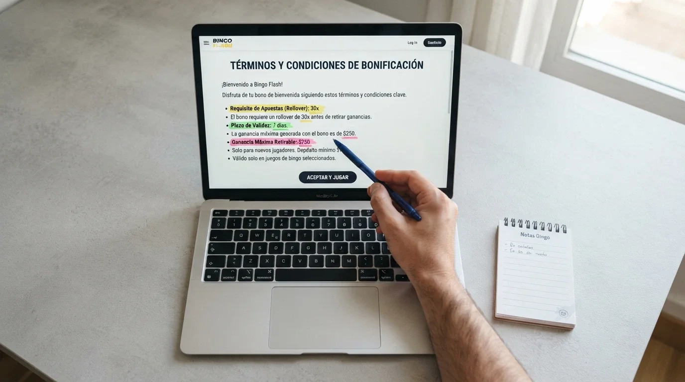 Primer plano de los términos y condiciones de un bono de bingo con el rollover, el plazo y el límite de ganancia subrayados