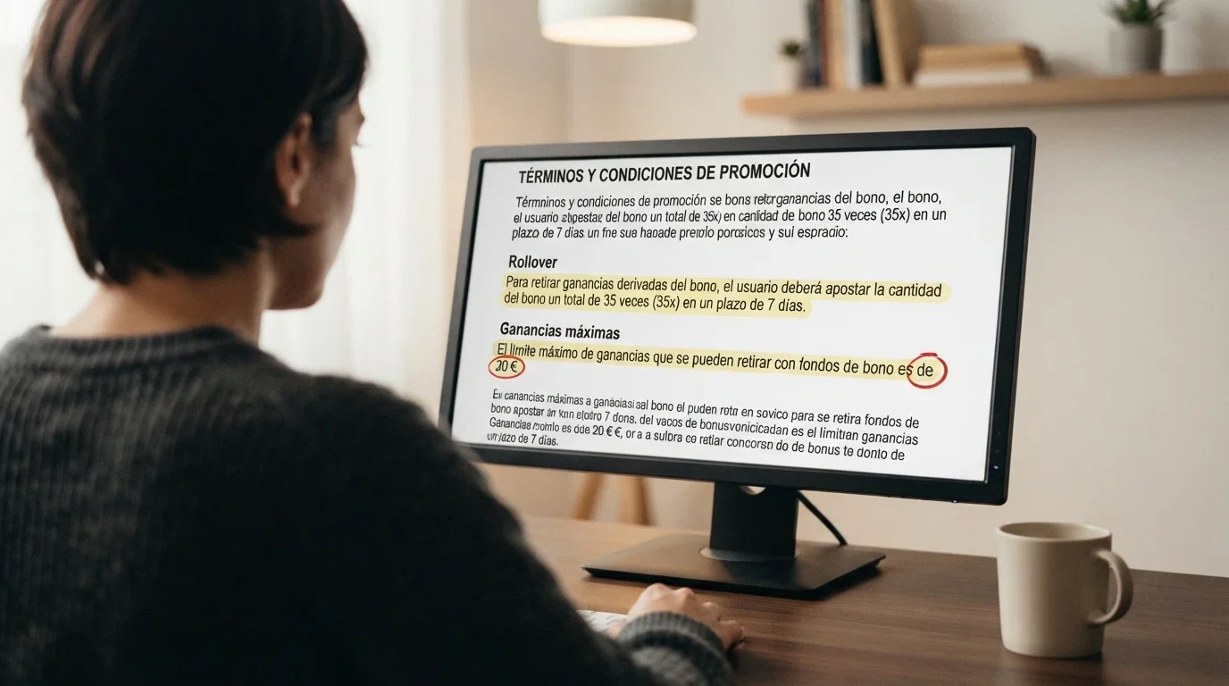 Primer plano de los términos y condiciones de un bono sin depósito desplegados en una pantalla de ordenador, con los apartados de rollover y ganancias máximas subrayados