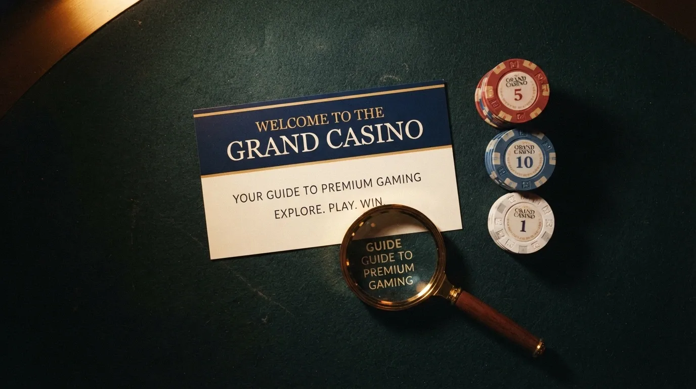 Una mesa de casino con fichas, una tarjeta de bienvenida y una lupa sobre la letra pequeña de un contrato