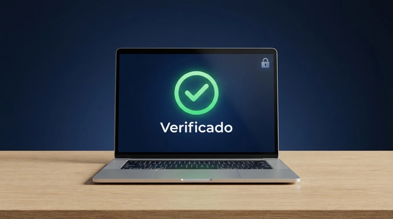 Un ordenador portátil mostrando una pantalla de registro en un casino online español, con un mensaje de verificación RGIAJ visible y el icono de candidato en la esquina