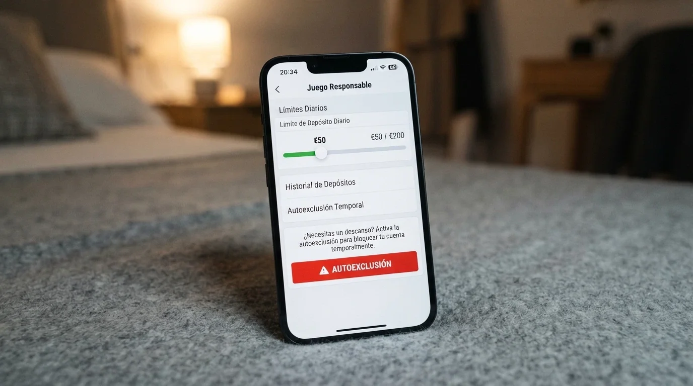 Pantalla de móvil mostrando el panel de juego responsable de una app de casino con límites de depósito y opción de autoexclusión