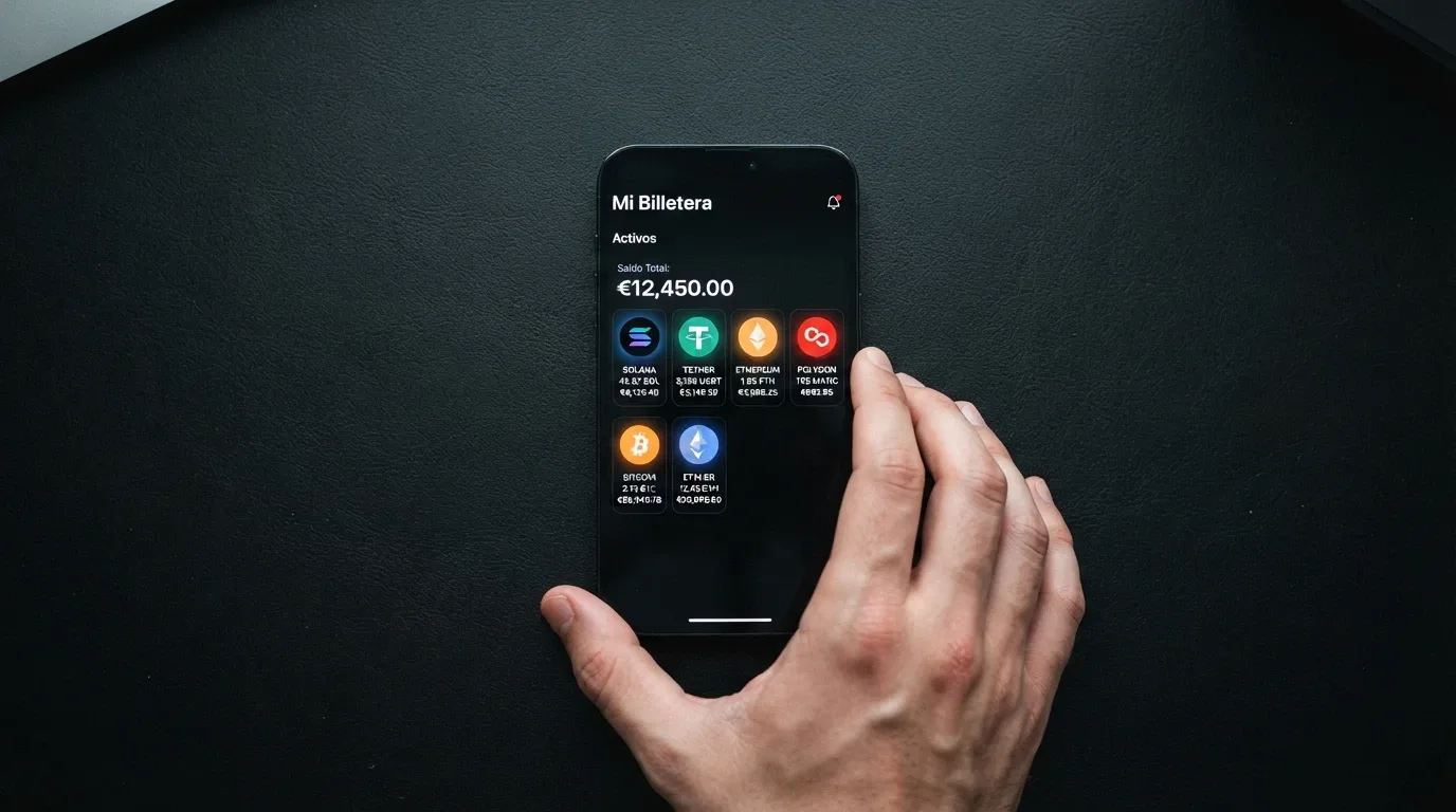 Monedero digital mostrando saldos en BTC, ETH, USDT y SOL junto a la interfaz de depósito de un casino online