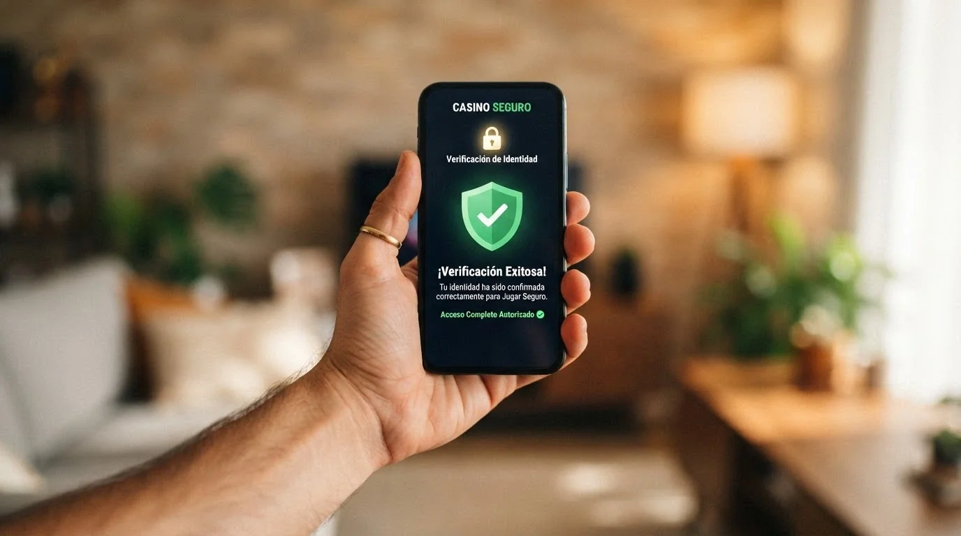 Un primer plano de unas manos sosteniendo un teléfono que muestra la pantalla de verificación de identidad de un casino DGOJ junto al símbolo del candado de conexión segura