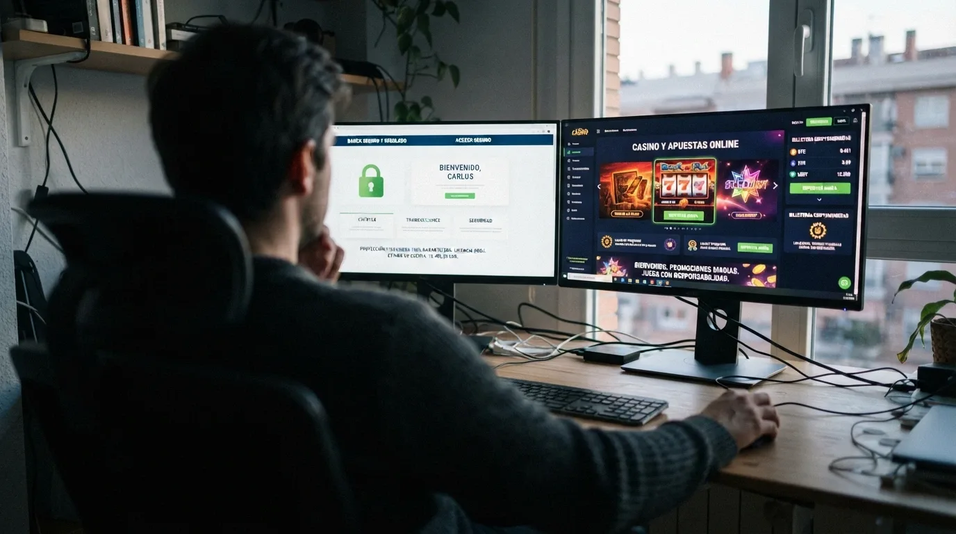 Un jugador frente a dos pantallas: una con el candado verde de un casino DGOJ y otra con la interfaz de un casino offshore en cripto