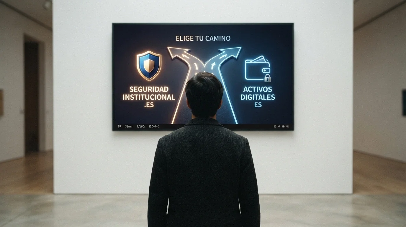 Un jugador ante dos caminos que se bifurcan en la pantalla: a la izquierda el dominio .es con el escudo de la DGOJ, a la derecha el monedero cripto con la etiqueta «sin KYC»