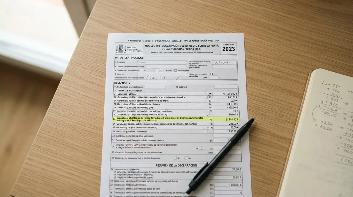 Extracto del modelo 100 de la declaración de la renta con el apartado de ganancias patrimoniales resaltado