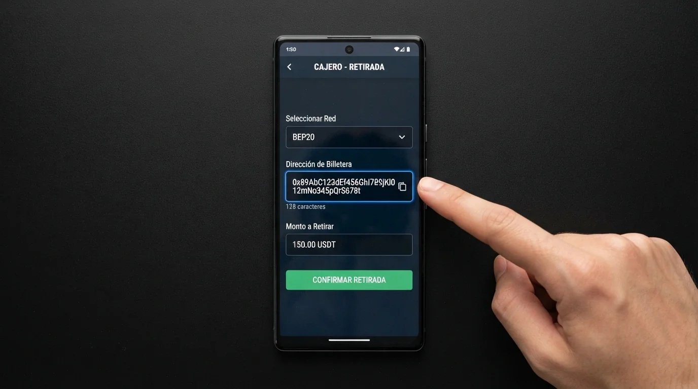 Pantalla de cajero de un casino online con el campo de dirección de wallet Binance Coin y el selector de red BEP20