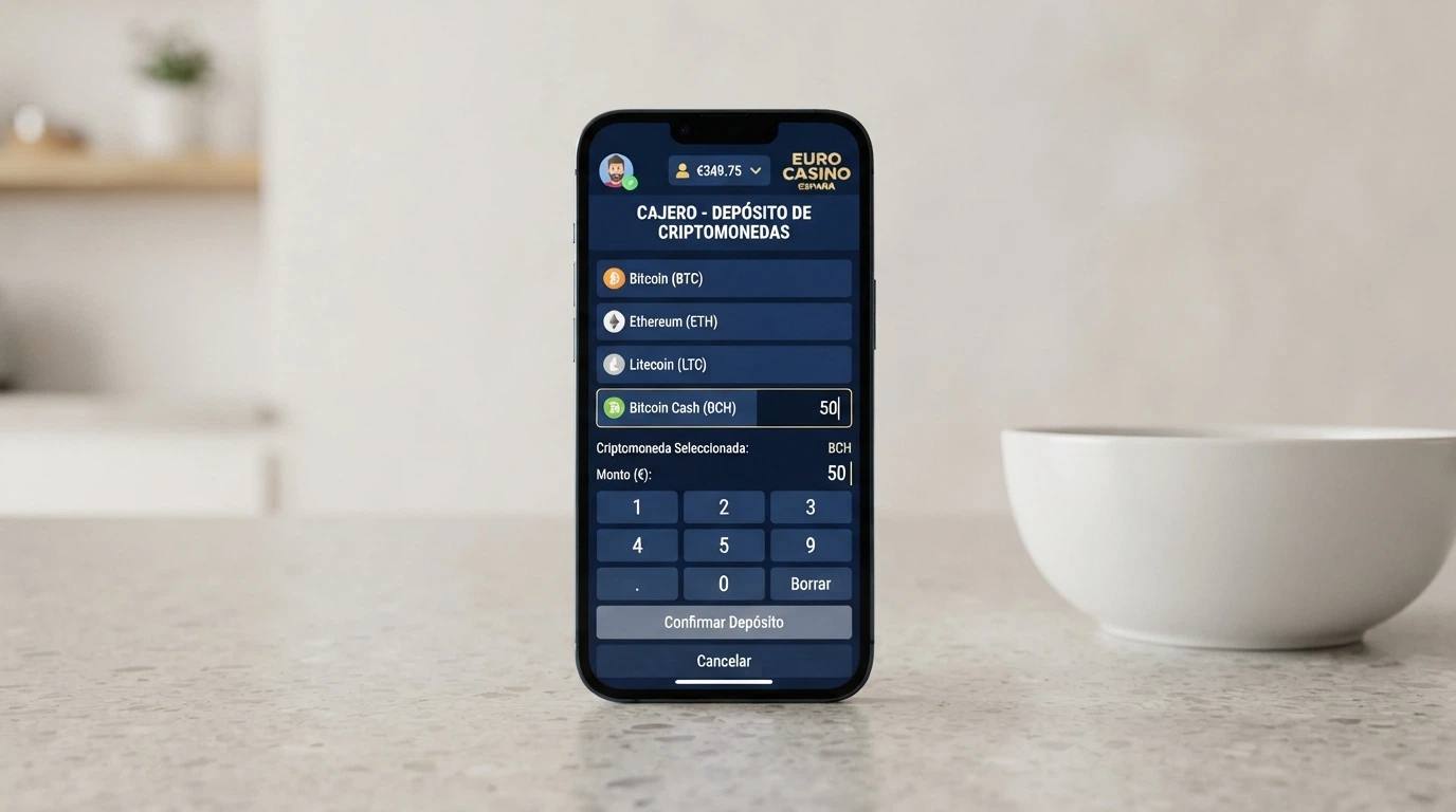 Pantalla de cajero de casino online con las opciones de depósito en criptomonedas y el campo de importe.