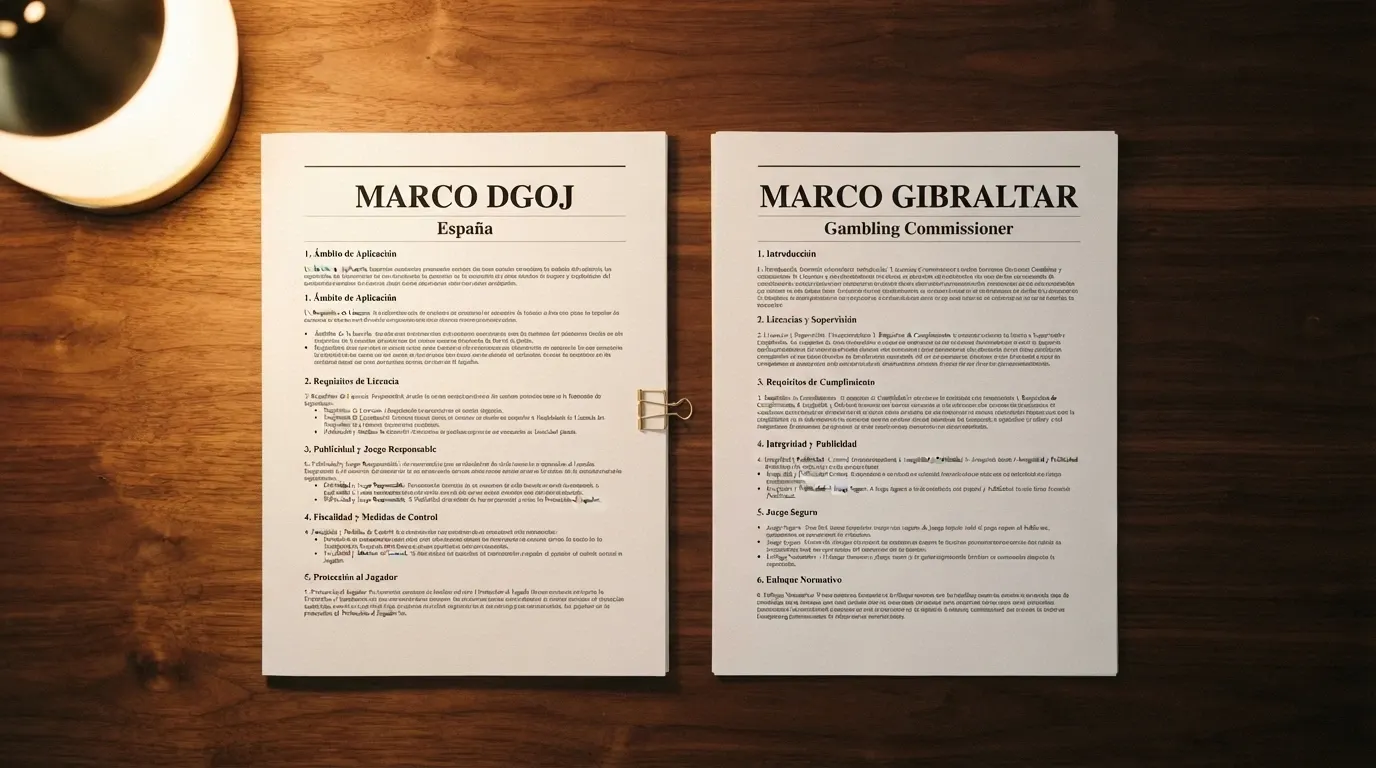 Dos documentos oficiales contrapuestos sobre una mesa: uno con el escudo de España y la leyenda DGOJ, otro con el escudo de Gibraltar