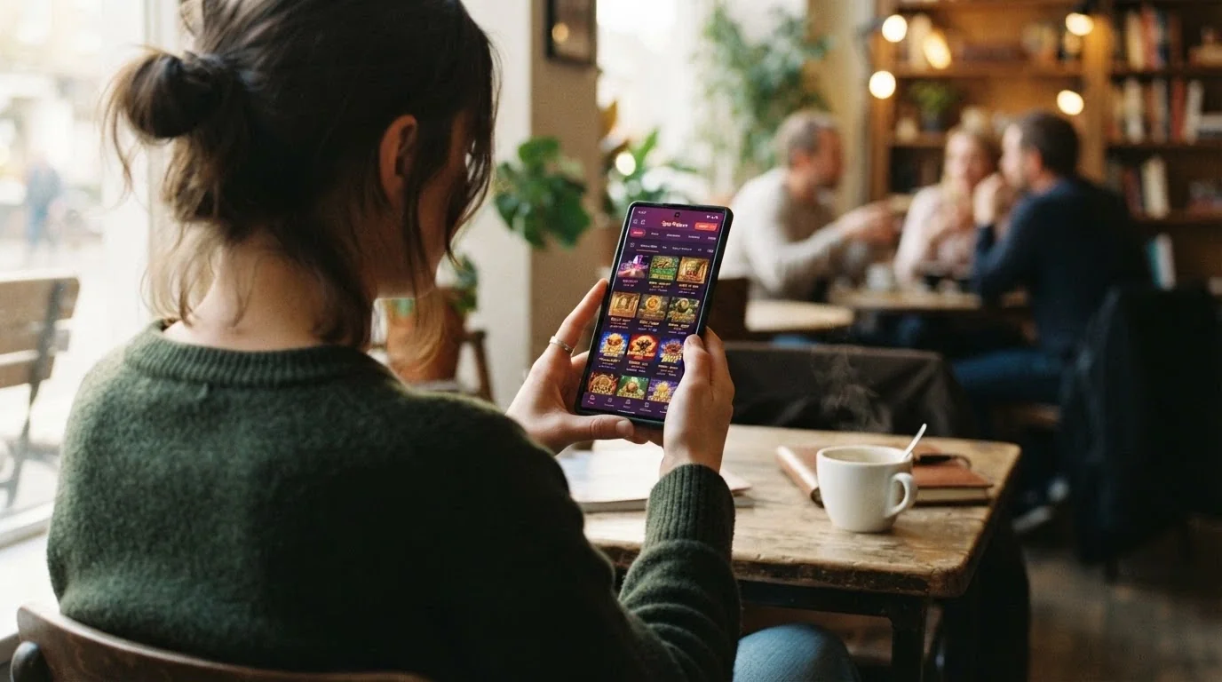 Jugador consultando el móvil con la pantalla de un casino online y una taza de café al lado