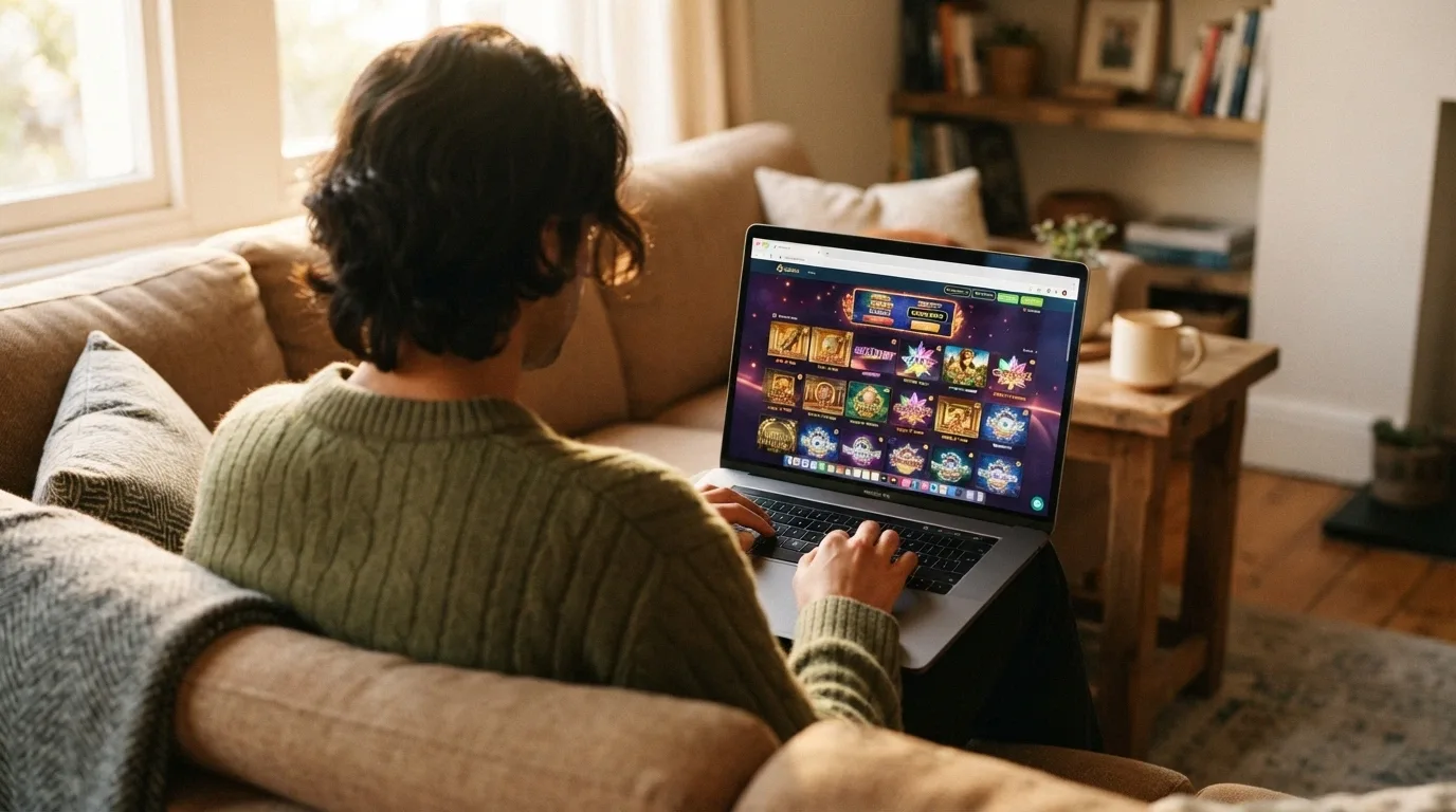 Persona usando un ordenador portátil para acceder a un casino online gratuito desde el navegador