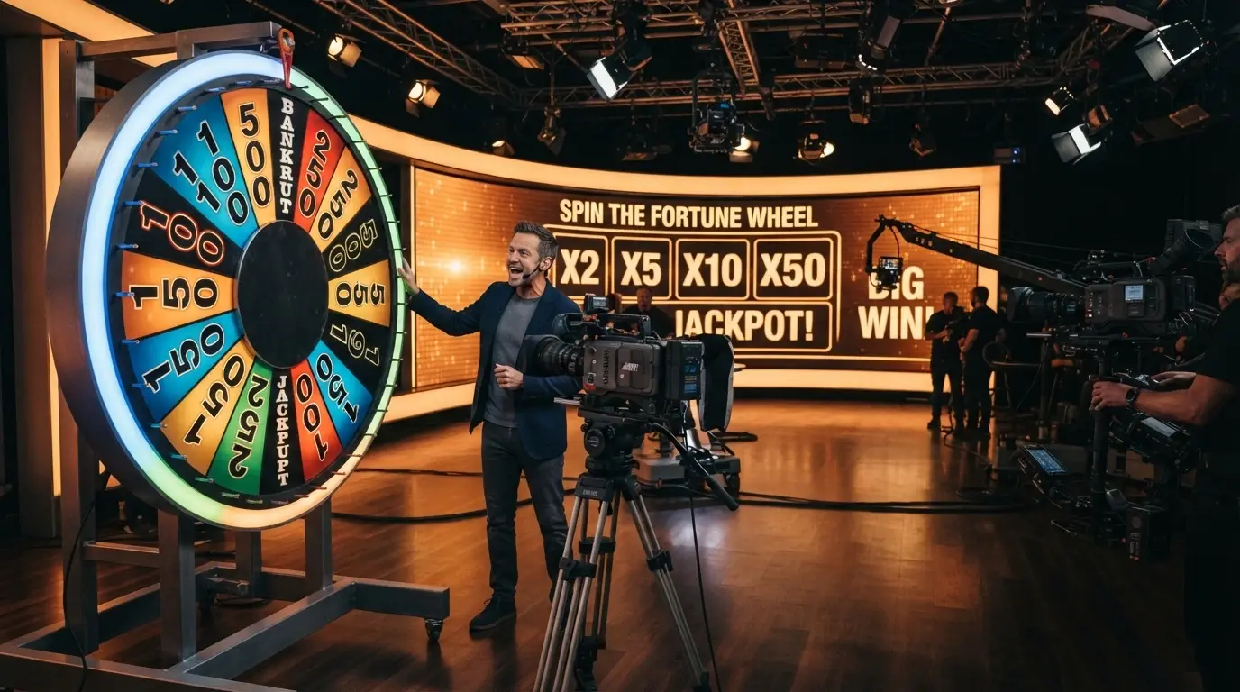 Un estudio de televisión con una rueda gigante iluminada, un presentador de pie junto a ella y pantallas mostrando multiplicadores